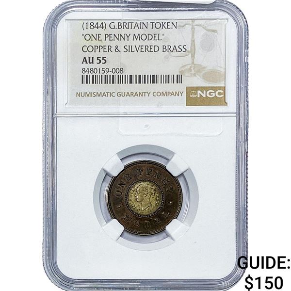 -1844 Great Britian Silvered Copper Model Penny NGC AU55