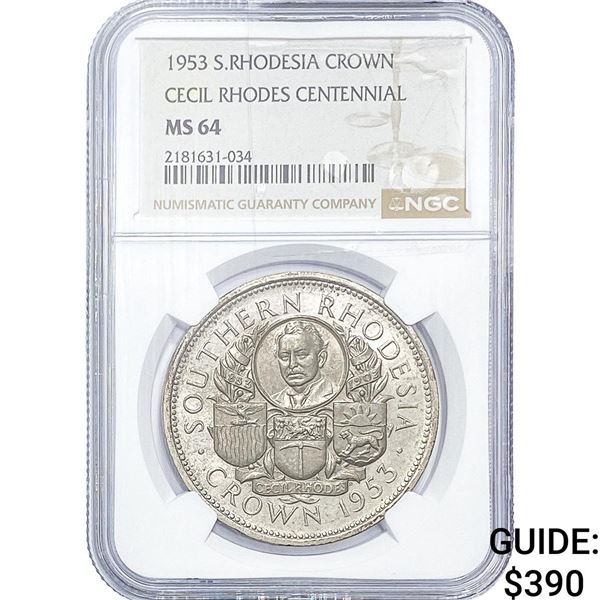 1953 S. Rhodesia Silver Crown NGC MS64
