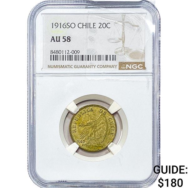 1916-SO Chile Silver 20 Centavos NGC AU58