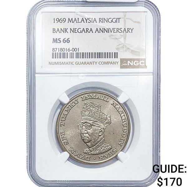 1969 Malaysia Silver Ringgit Bank Negara Anniv.
