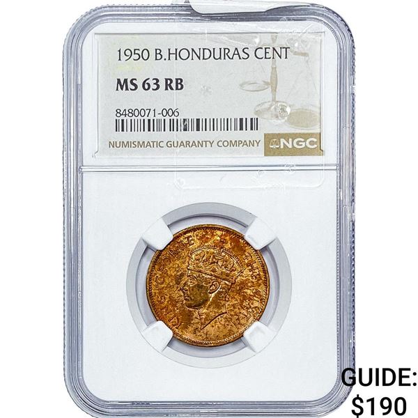 1950 British Honduras Copper Cent NGC MS63 RB