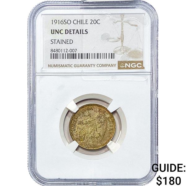 1916-SO Chile Silver 20 Centavos NGC UNC Details