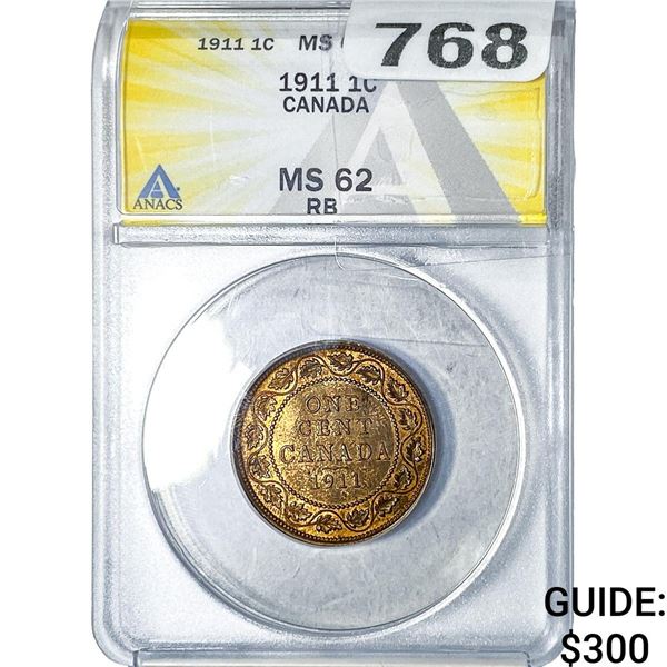 1911 Canada 1 Cent ANACS MS62 BR
