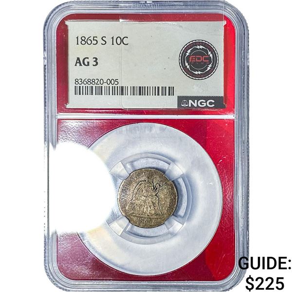 1865 Seated Liberty Dime NGC AG3