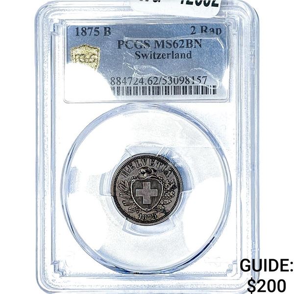1875-B Switzerland Copper 2 Rappen PCGS MS62 BN