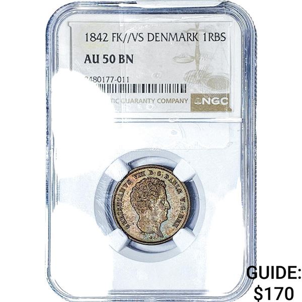1842 Denmark Copper 1 RBS NGC AU50 BN