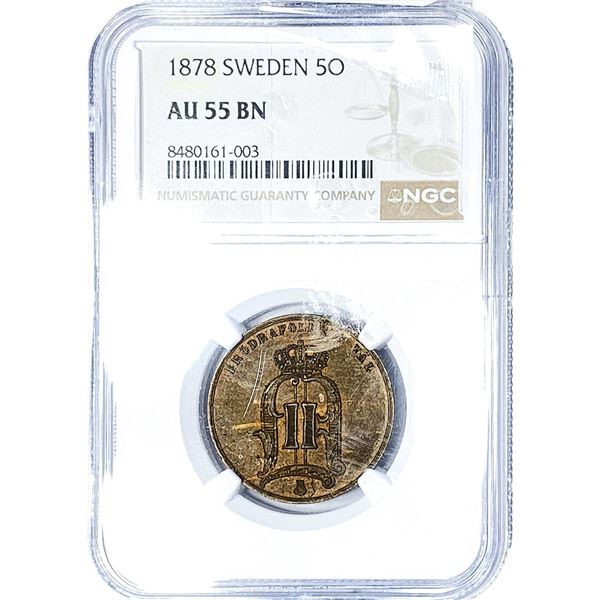 1878 Sweden Copper 5 Ore NGC AU55 BN