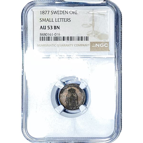 1877 Sweden Copper 1 Ore NGC AU53 BN