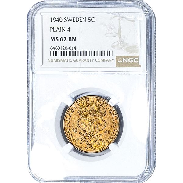 1940 Sweden Copper 5 Ore NGC MS62 BN