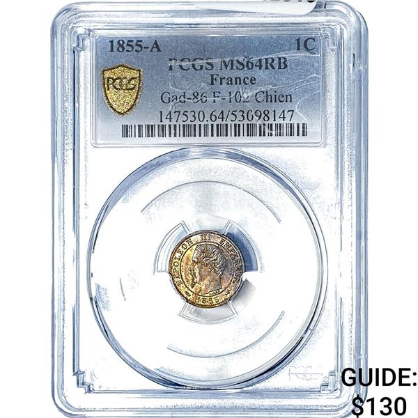 1855-A France Copper 1 Centime PCGS MS64 RB