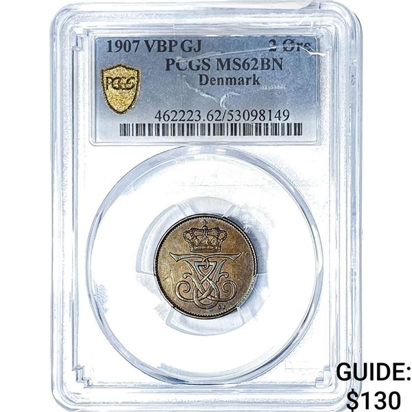 1907 Denmark Copper 2 Ore PCGS MS62 BN
