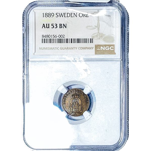 1889 Sweden Copper 1 Ore NGC AU53 BN