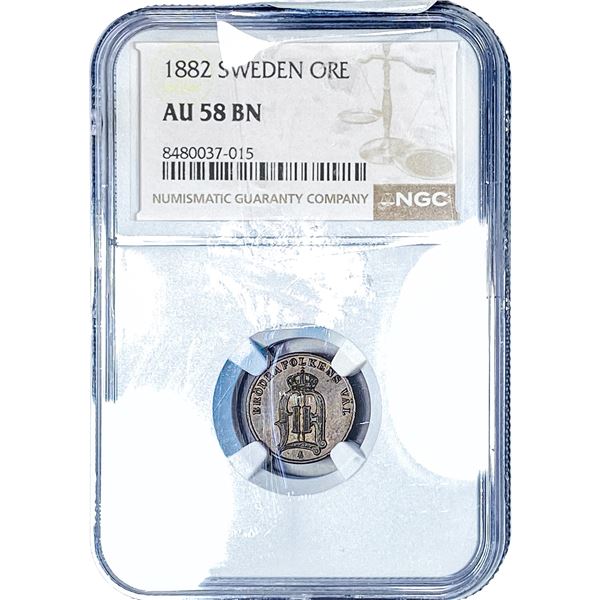 1882 Sweden Copper 1 Ore NGC AU58 BN