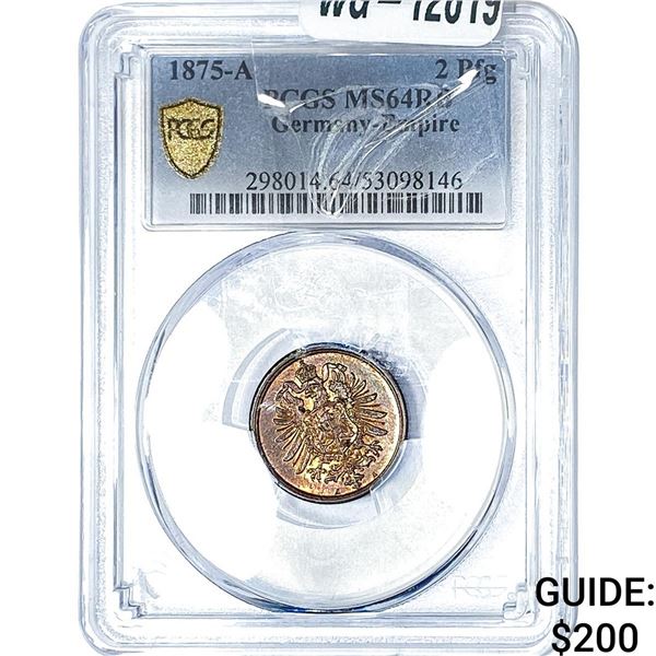 1875-A German Empire Copper 2 Pfennig PCGS MS64 RB