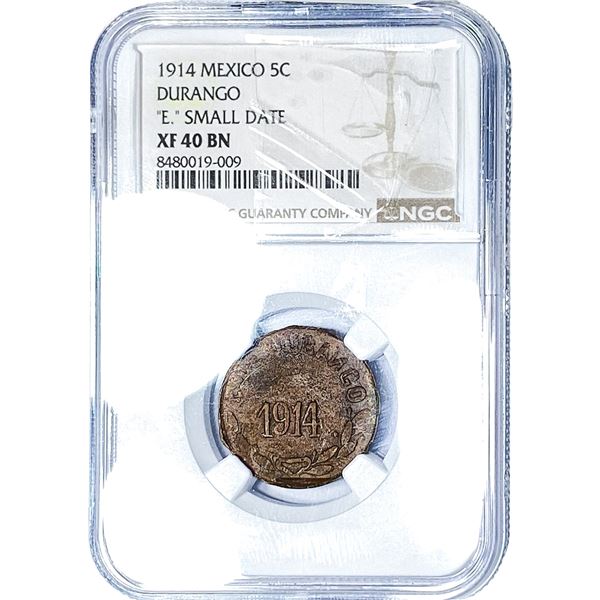 1914 Mexico, Durango Copper 5 Centavos NGC XF40 BN