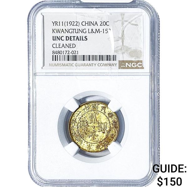 1922 China Silver 20 Cents NGC UNCDetails