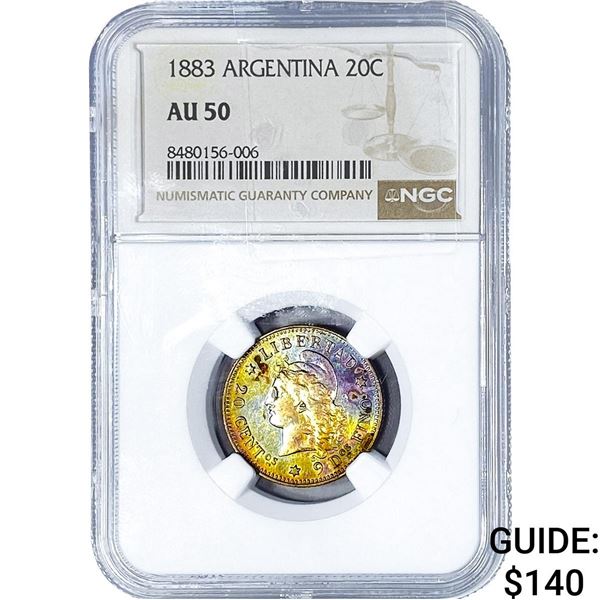 1883 Argentina Silver 20 Centavos Toned! NGC AU50