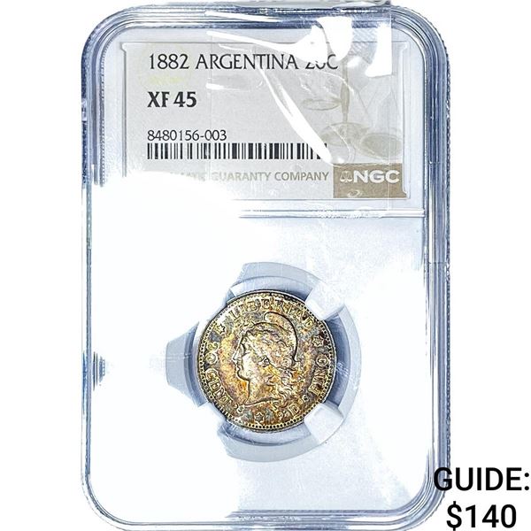 1882 Argentina Silver 20 Centavos Toned! NGC XF45