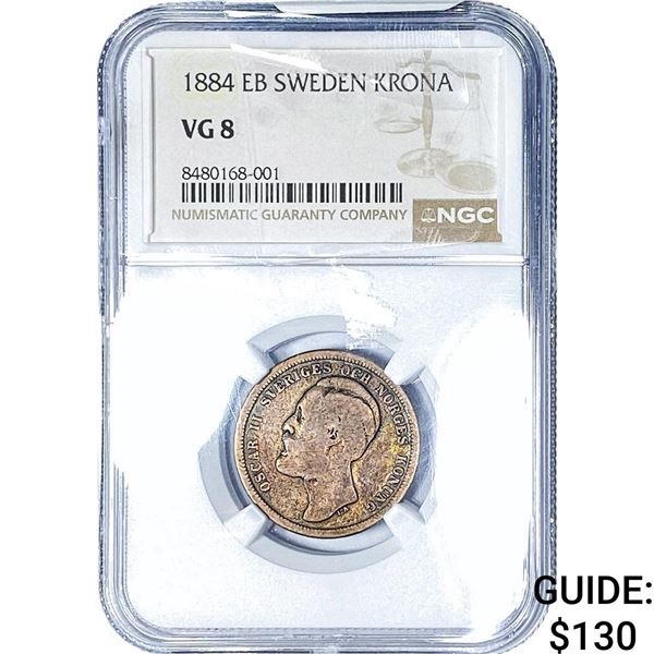 1884 Sweden Silver 1 Krona NGC VG8