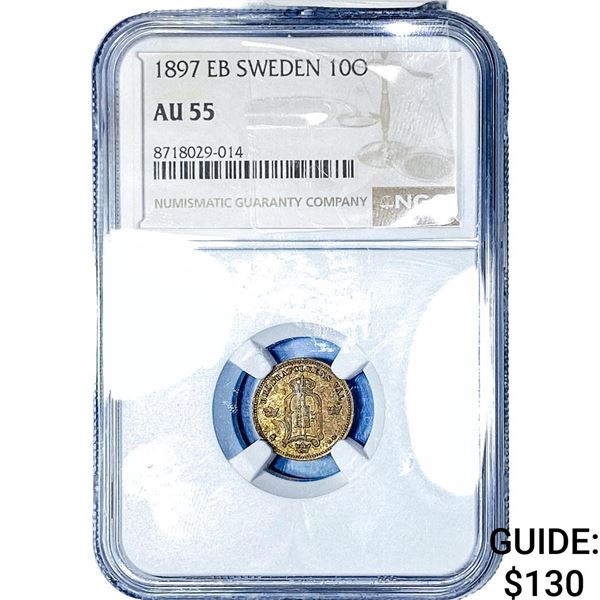 1897 Sweden Silver 10 Ore NGC AU55