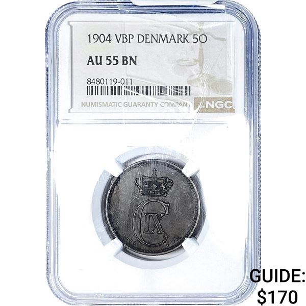 1904 Denmark Copper 5 Ore NGC AU55 BN