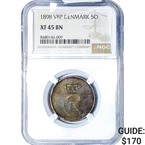 1898 Denmark Copper 5 Ore NGC XF45 BN