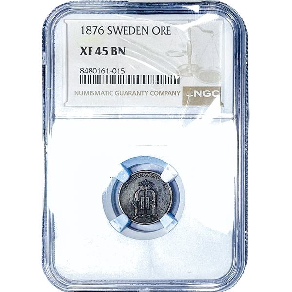 1876 Sweden Copper 1 Ore NGC XF45 BN
