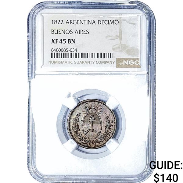 1822 Argentina Copper 1 Decimo NGC XF45 BN