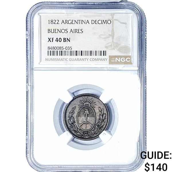 1822 Argentina Copper 1 Decimo NGC XF40 BN