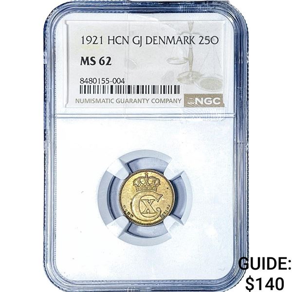 1921 Denmark Copper 25 Ore NGC MS62