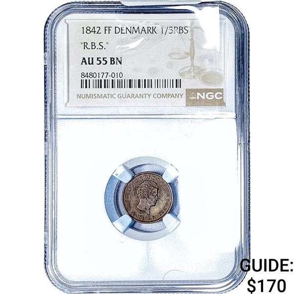 1842 Denmark Copper 1/5 RBS NGC AU55 BN