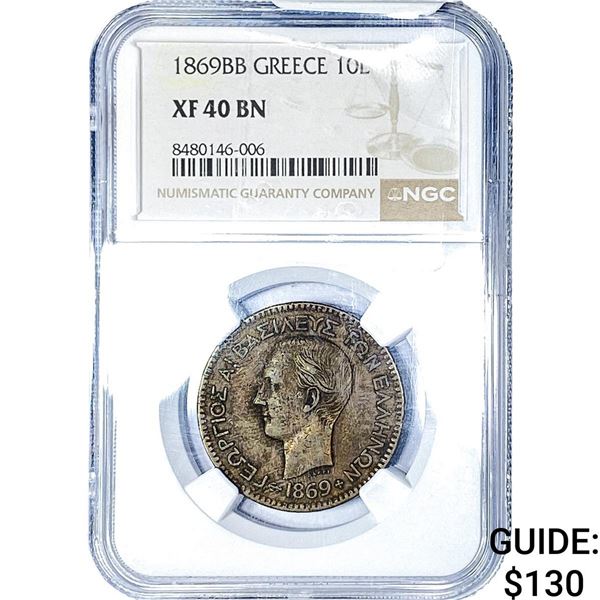1869 Greece Copper 10 Lepta NGC XF40 BN