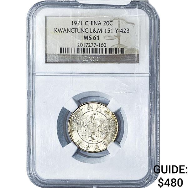 1921 China Silver 20 Cents NGC MS61