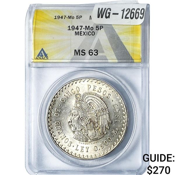 1947 Mexico Silver 5 Pesos ANCAS MS63