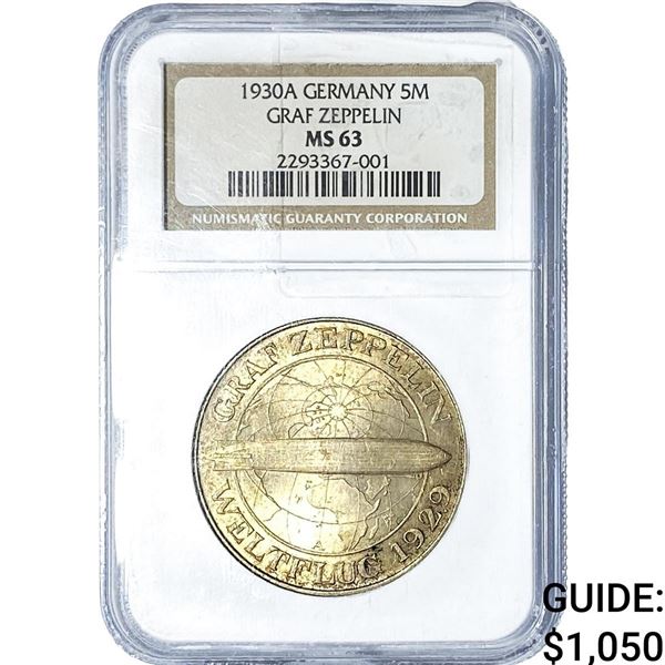 1930-A Weimar Germany Silver 5 Marks Zeppelin! NGC MS63