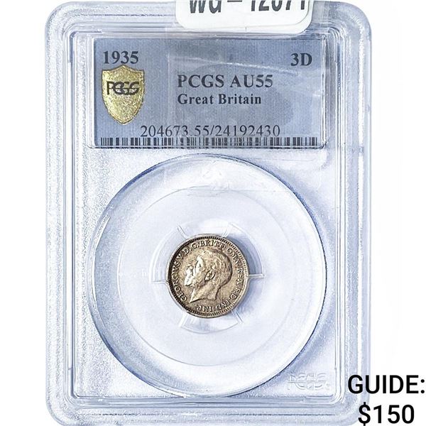 1935 Great Britain Silver 3 Pence PCGS AU55