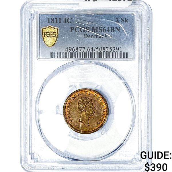 1811 Denmark Copper 2 Skillings PCGS MS64 BN