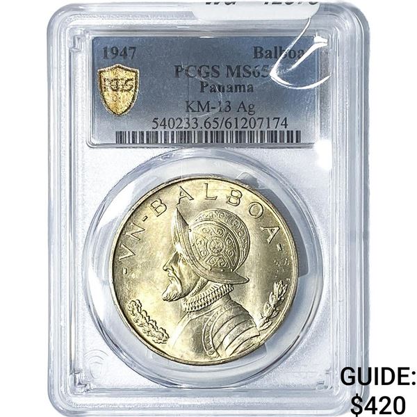 1947 Panama Silver 1 Balboa PCGS MS65