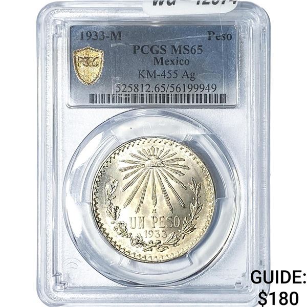 1933 Mexico Silver 1 Peso PCGS MS65