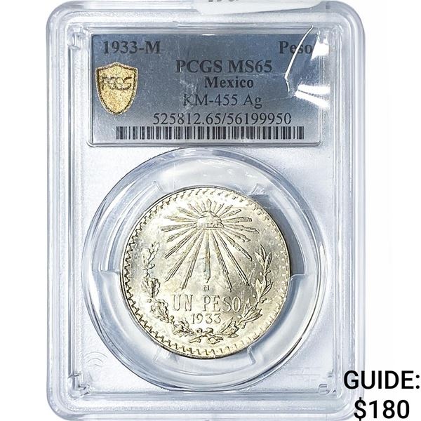 1933 Mexico Silver 1 Peso PCGS MS65