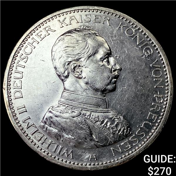 1913-A Germany, Prussia Silver 5 Marks CHOICE AU