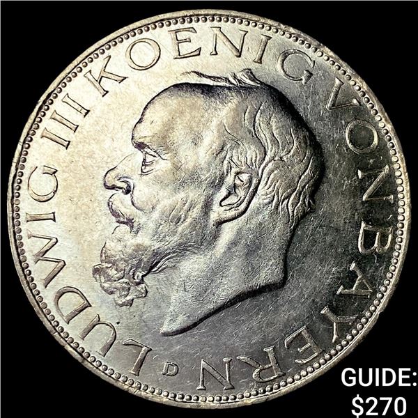 1914 Germany, Bavaria Silver 3 Marks CHOICE BU