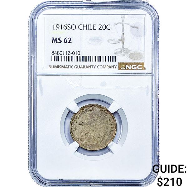 1916 Chile Silver 20 Centavos NGC MS62