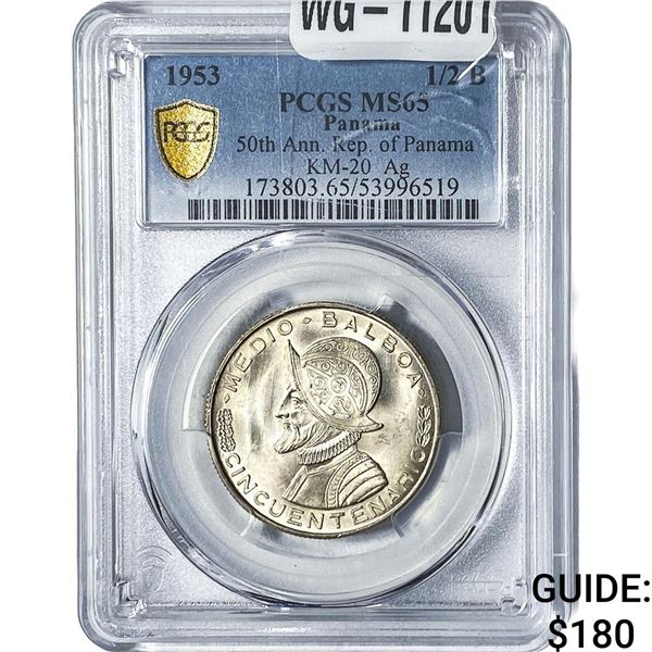 1953 Panama Silver 1/2 Balboa KM-20 PCGS MS65