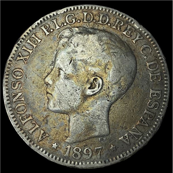 1897 Silver 1 Peso Spain-Philippines LIGHTLY  CIRCULATED