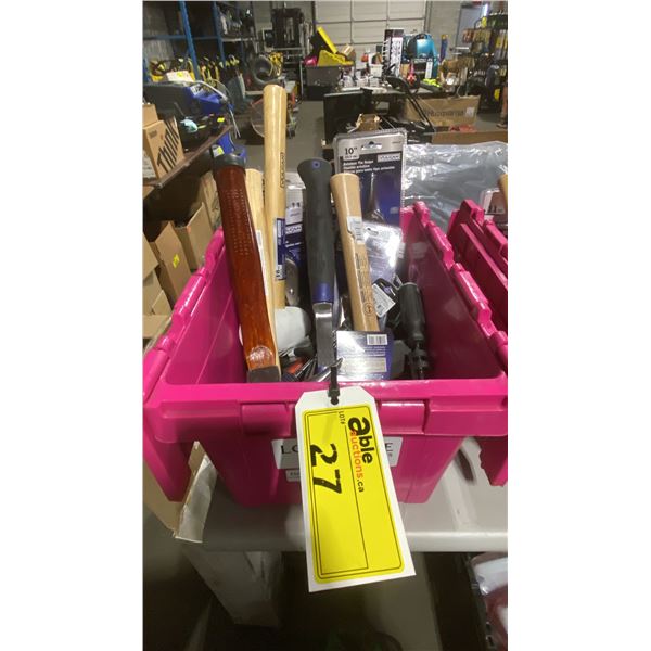 BIN OF ASSORTED HAND TOOLS- HAMMERS, PLIERS, SCREW DRIVERS, TIN SNIPS, RUBBER MALLET & MORE