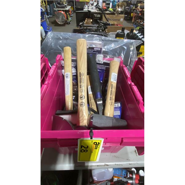 BIN OF ASSORTED HAND TOOLS- HAMMERS, PLIERS, SCREW DRIVERS, TIN SNIPS, RUBBER MALLET & MORE