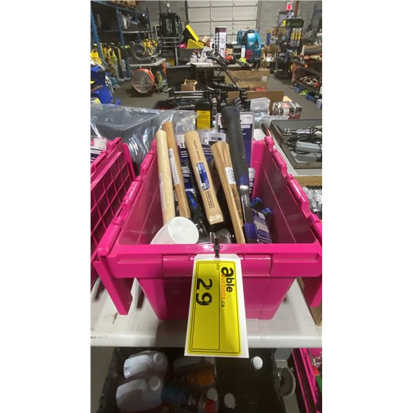BIN OF ASSORTED HAND TOOLS- HAMMERS, PLIERS, SCREW DRIVERS, TIN SNIPS, RUBBER MALLET & MORE