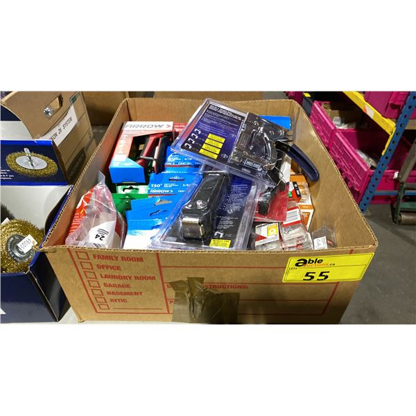 BOX OF ASSORTED HEAVY DUTY STAPLE GUNS, RIVET TOOL, STAPLES & RIVETS