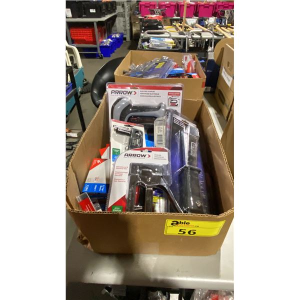 BOX OF ASSORTED HEAVY DUTY STAPLE GUNS, RIVET TOOL, STAPLES & RIVETS